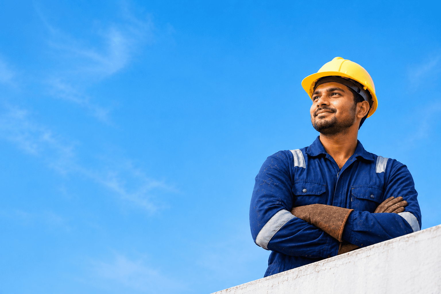 A construction worker in a hard hat looking out confidently, arms crossed, against a bright blue sky.